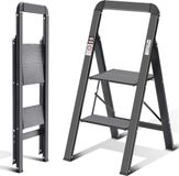 ‘’merkloos’’ KINGRACK Trapladder 2 Treden - Vouwladder met Leuning - Antislip Huishoudladder met Vouwgordijn, Aluminium Voetdeksel - Belastbaar tot 150 kg - Zwart