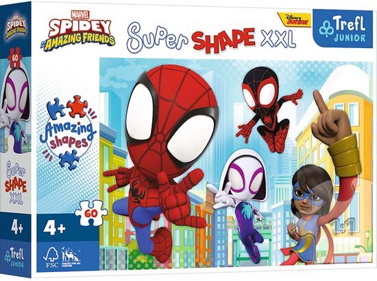 Trefl Junior - Spidey and His Amazing Friends, Slim Spiday - Puzzle 60 XXL Super Shape - Gekke Vorm Puzzels, Grote Stukjes, Kleurrijke Puzzels met Sprookjesfiguren, Leuk voor Kinderen Vanaf 4 jaar