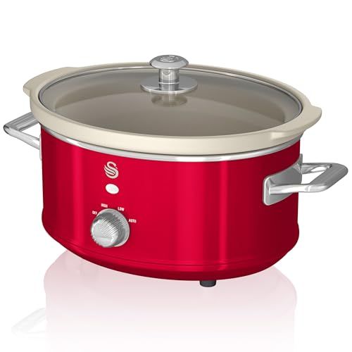 Swan Retro SF17021RNI Kookpan, 3,5 l, afneembare container, anti-aanbaklaag, keramiek, PFOA en PTFE, 3 temperatuurniveaus, glazen deksel, slowcooker, vintage design, rood, 200 W