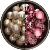 Decoris Kunststof kerstballen 74x stuks - champagne en roze - 6 cm - onbreekbaar - mix kleuren
