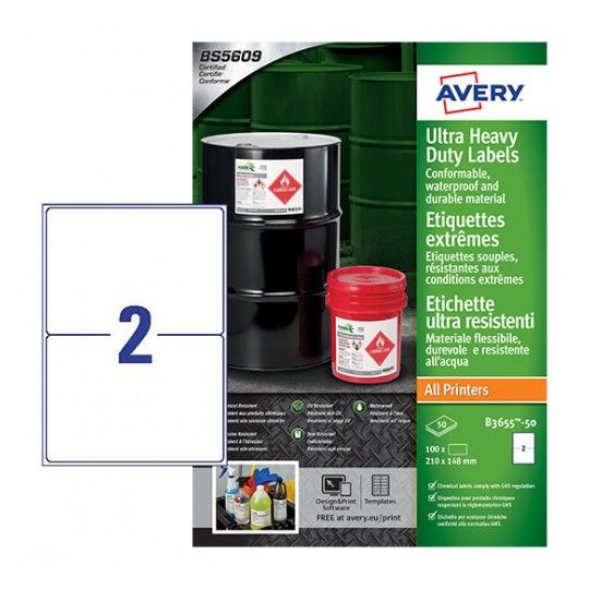 Avery B3655-50 Etiketten - Rechthoek - Permanent - Wit - 210x148mm - 100 stuks
