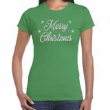Bellatio Decorations Kerst T-shirt voor dames - groen - Merry Christmas - zilveren glitters - kerstkleding XS