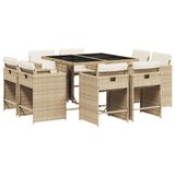 vidaXL 9-delige Tuinset met Kussens, Beige, Poly Rattan
