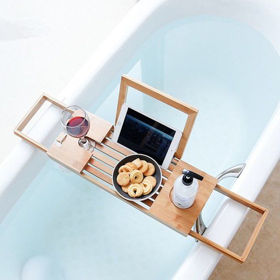 Decopatent Universeel Badrek verstelbaar 50-93 cm - Bamboe Hout - Boekenhouder / Tablethouder - Natural