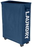 BAKAJI Vuile wasmand, smal, ruimtebesparend, opvouwbaar, van stof, decoratie met netgreep, handvat en 4 wielen, afmetingen: 39 x 20 x 56 cm (blauw)