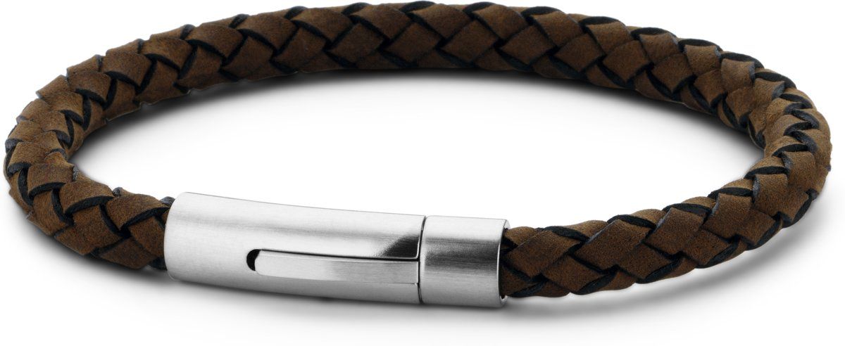 Frank 1967 7FB 0221 Stalen Heren Armband met Leer - Gevlochten - Bruin - 21 cm