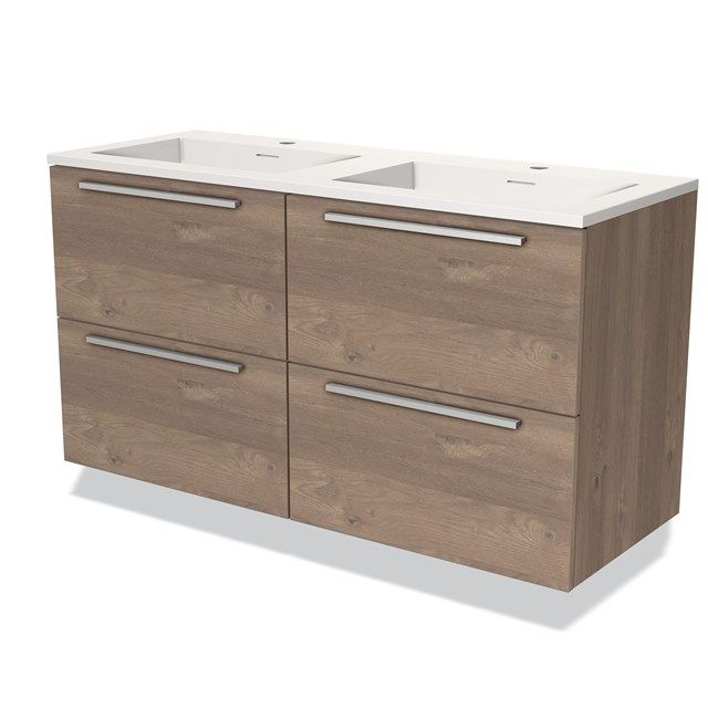 Maxaro Badkamermeubel 120cm Modulo Middenbruin Eiken 4 Lades Vlak Wastafel Solid Surface