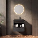 Meuble sous vasque suspendu 51 cm, avec vasque en céramique intégrée, design biseauté – avec étagère et tiroir, prémonté, finition bois, noir