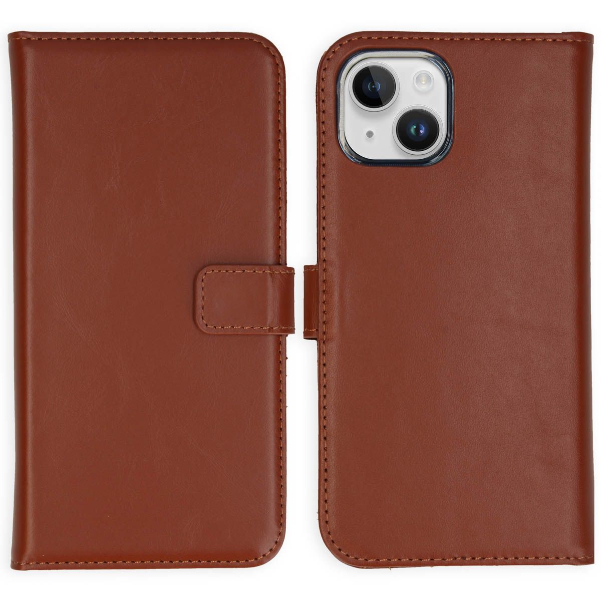 Selencia Echt Lederen Bookcase iPhone 15 Plus - Lichtbruin - Flip Case