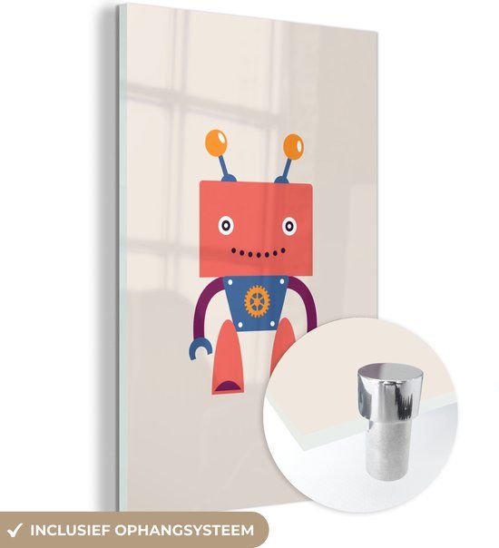 MuchoWow® Glass Painting 60x90 cm - Acrylic Glass Painting - Robot - Gear - Face - Antenna - Kids - Boys - Photo on Glass - Paintings