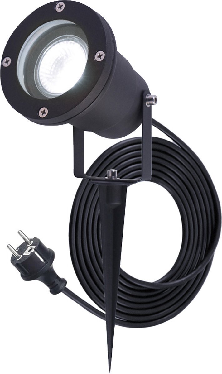 HOFTRONIC Sydney - GU10 Tuinspot voor buiten - 3 Meter kabel met eurostekker - 5 Watt 450 lumen - Aluminium Prikspot met grondspies - IP65 waterdicht - 6000K daglicht wit - Ook te gebruiken als wandspot - Gazon spotlight - Schijnwerper