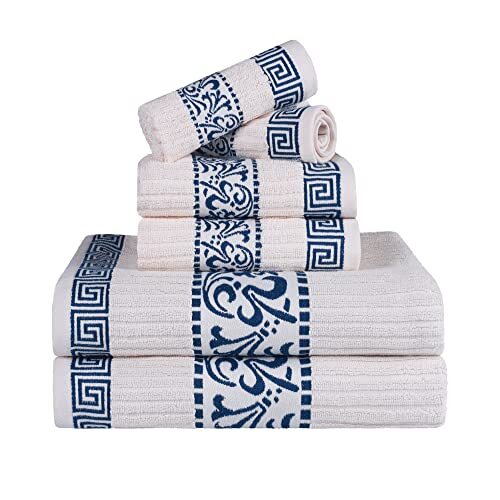 Superior SUPERIOR Athens Collection Athens Set van 6 absorberende katoenen servetten Grieks motief marineblauw ivoor