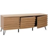 HWC-M49 TV rek, lowboard TV meubel, 3D design opbergvakken, massief hout mangometaal 52x142x44cm ~ naturel