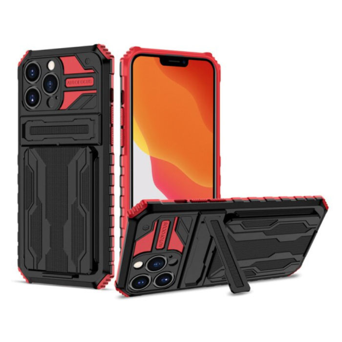 YIKELO YIKELO iPhone 13 Pro Max - Armor Card Slot Hoesje met Kickstand - Wallet Cover Case Rood