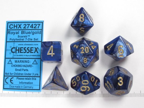 Chessex dobbelstenen set 7 polydice Scarab Royal Blue w/gold