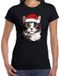 Bellatio Decorations Kerst T-shirt voor dames - grijze kat/poes met kerstmuts - zwart - Kerstfeest XXL