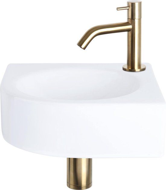 Differnz Cleo Fonteinset - Wasbak Keramiek - Wit - Gebogen Kraan - Mat Goud