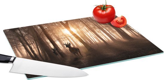 KitchenYeah Glazen Snijplank - 39x28 - Bos - Hert - Zon - Bomen - Winter - Natuur - Dieren - Snijplanken Glas