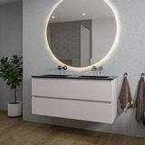 Saniclass Chaci Badkamermeubelset - 120x46x55cm - keramische wastafel zwart - 2 wasbakken - zonder kraangaten - 2 lades - ronde spiegel met verlichting - mat cotton (beige)