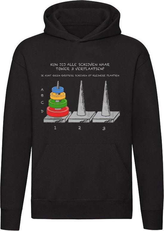 Unisex Hoodie - Kun jij alle schijven naar tower 3 verplaatsen? - Zwart - 3XL