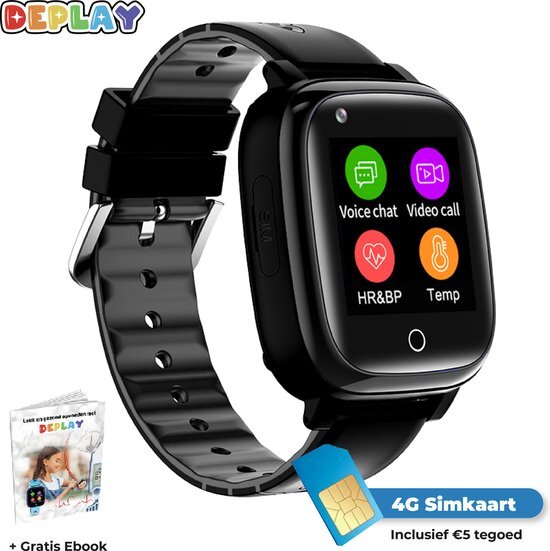 DEPLAY 4G KidsWatch - Smartwatch Kinderen - GPS Tracker - Smartwatch Kind - Hartslag en Bloeddrukmeter - Videobellen - Camera - GPS Horloge Kind - Kinder Smartwatch - Incl. simkaart en E-Book - Zwart