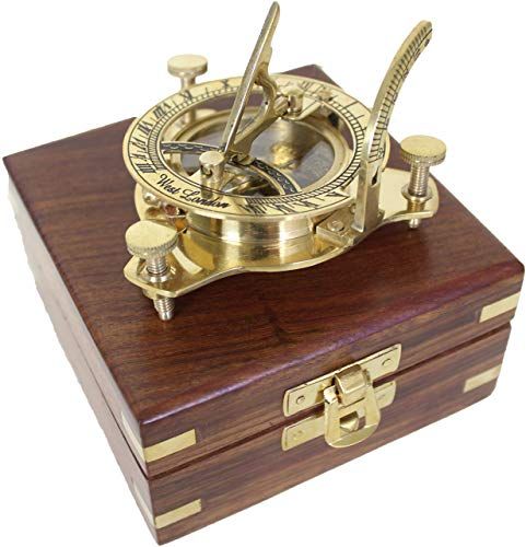 Antik 2000 Functioneel nautisch kompas van messing met zonnewijzer in luxe houten geschenkbox