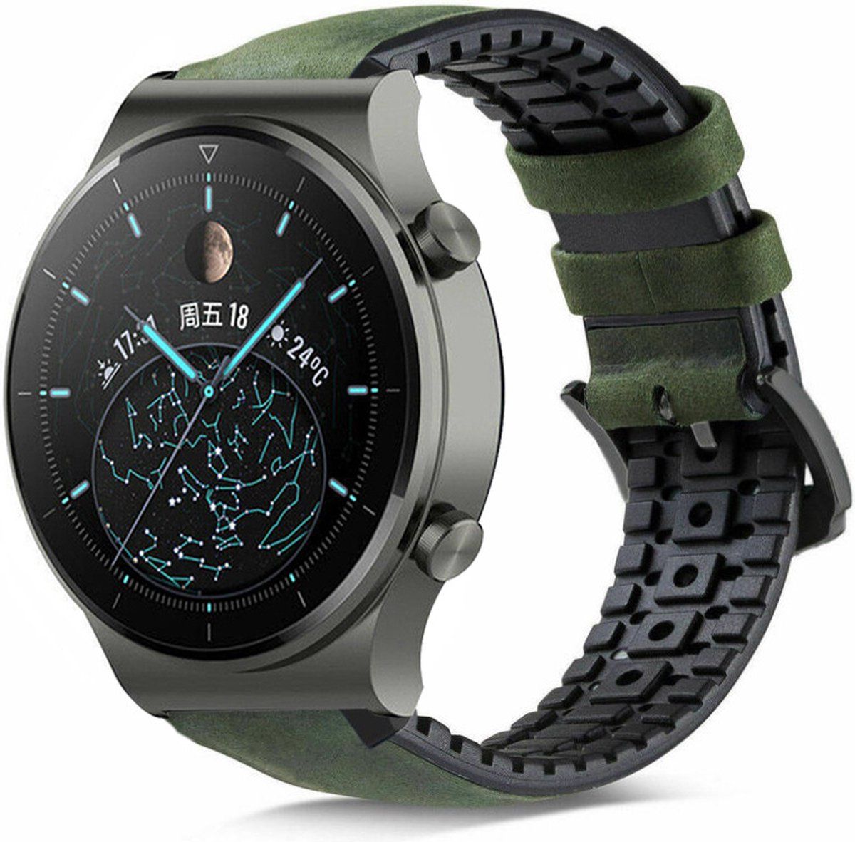Strap-it siliconen / leren bandje - zwart/groen - Geschikt voor Huawei Watch GT 2 Pro - Huawei GT2 Pro