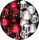 Merkloos / Sans marque Kaemingk B.V. 24x stuks kunststof kerstballen mix van donkerrood en zilver 6 cm