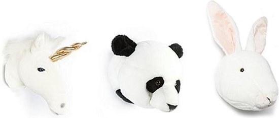 Wild & Soft - Wanddecoratie set van drie mini dierenkoppen eenhoorn panda konijn
