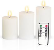 Meisterhome - 3x LED stompkaarsen geribbeld wit - Echte wax - 10/12.5/15 cm hoog - Afstandsbediening - Timer - Dimbaar