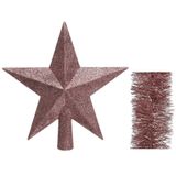 Decoris Kerstversiering Kunststof Glitter Ster Piek 19 cm en Folieslingers Pakket Oud Roze van 3x stuks