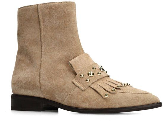 Manfield - Dames - Taupe suède enkellaarsjes met studs - Maat 38