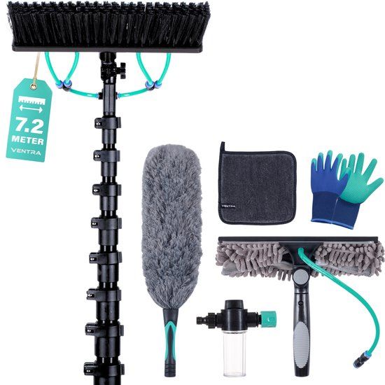 VENTRA Telescopische Wasborstel 7,2M – Extra Grote Borstel (34 cm) - 4 Wateruitlaten – Raamtrekker & Plumeau – RVS Telescoopsteel – Inclusief Handschoenen & Microvezeldoek