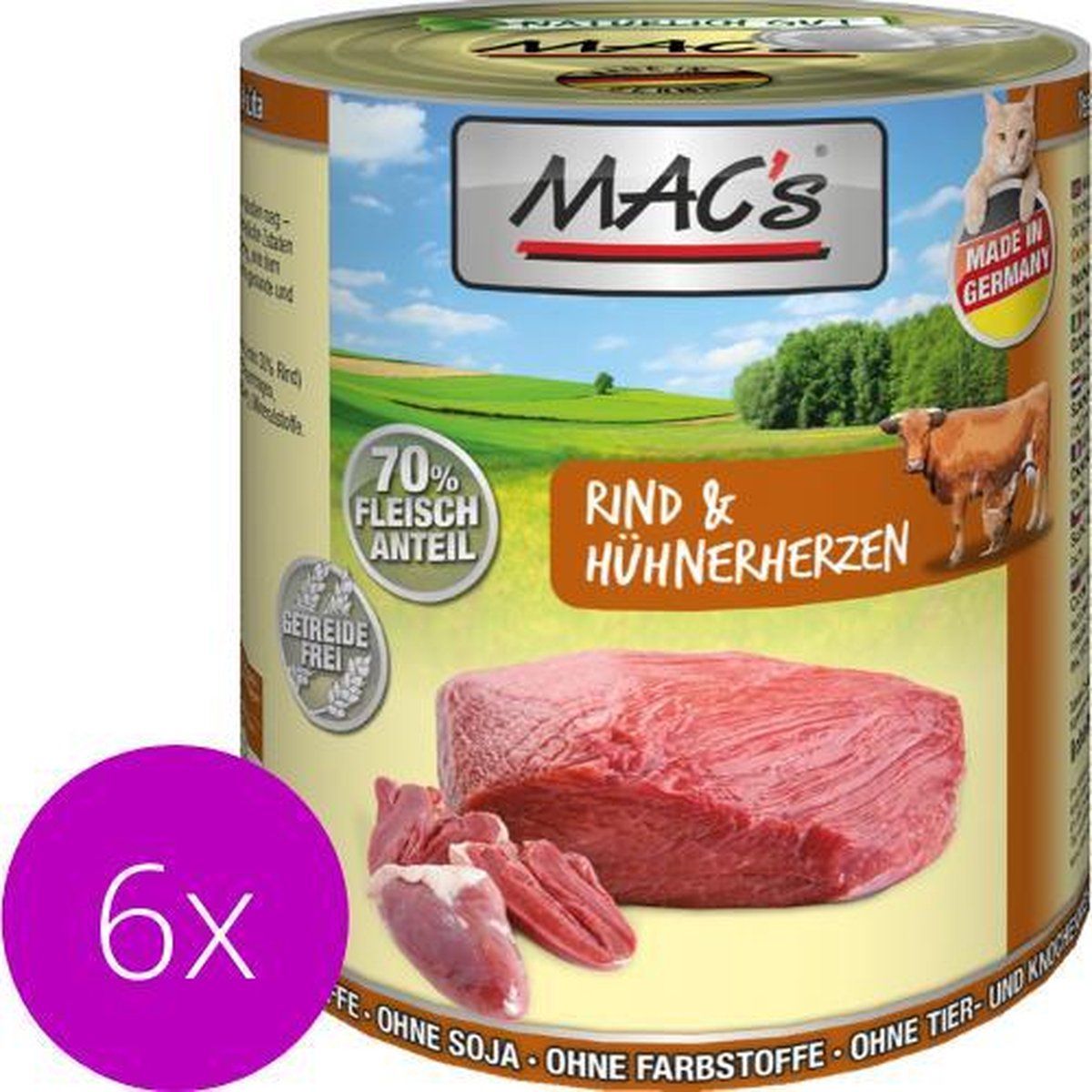 MAC's Kattenvoer Natvoer Blik - 70% Rund & Kippenhart - 6 x 800g