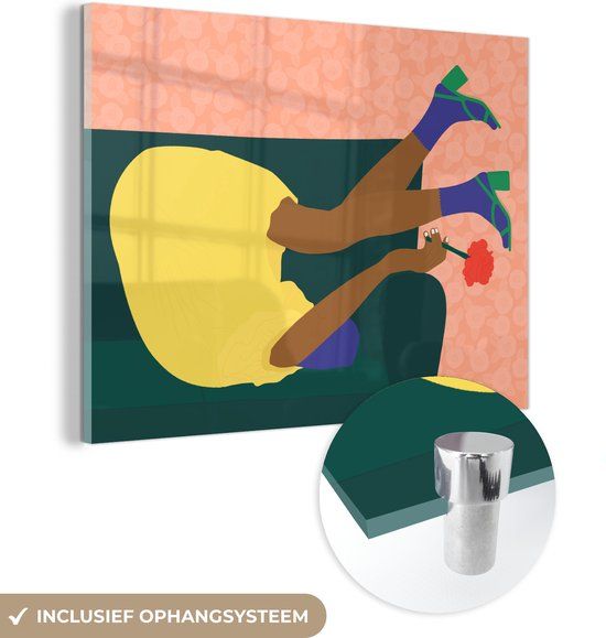 MuchoWow® Glass Painting 160x120 cm - Acrylic Glass Painting - Woman - Flowers - Retro - Photo on Glass - Paintings