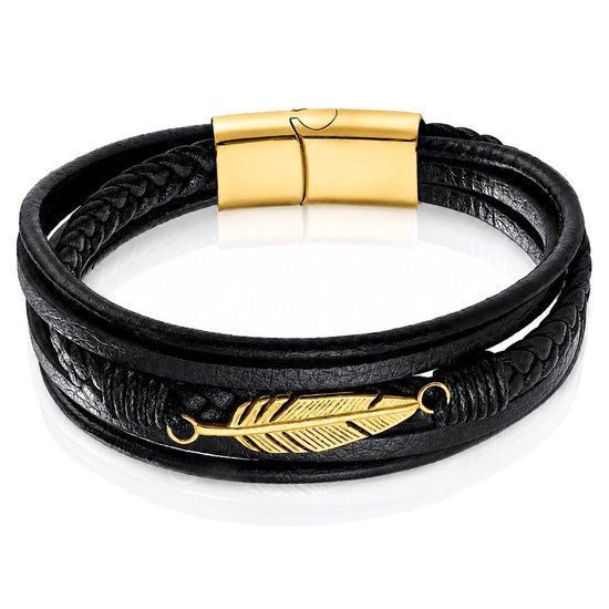 Mendes Jewelry Heren Armband - Stoer Zwart Leder met Bladvormige Stalen Bedel - Goud-23cm