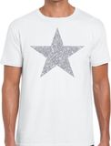 Bellatio Decorations De Ster van de show - verkleed t-shirt - wit - met zilveren ster in glitters - heren - glamour - Disco XL
