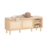 SoBuy Schoenenbank - Schoenenkast met Gewatteerd Kussen en 2 Schuifdeuren - Opbergbank Opbergkast voor Ingang, Slaapkamer - 121x35x49 cm, Hout Kleur, FSR163-N