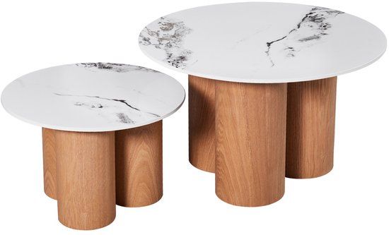 Giga Meubel Salontafel Alita - Wit Keramiek/Naturel - Ø70/50x42/32cm