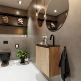 MONDIAZ TURE Toiletmeubel 60x23x50cm met 1 kraangat, 2 deuren, washed oak mat, wastafel Eden rechts, Solid Surface Zwart