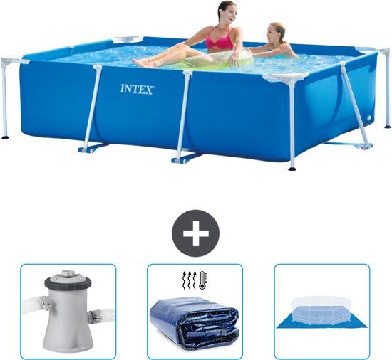 Intex Rechthoekig Frame Zwembad - 220 x 150 x 60 cm - Blauw - Familiebad - Inclusief Filterpomp, Solarzeil & Grondzeil