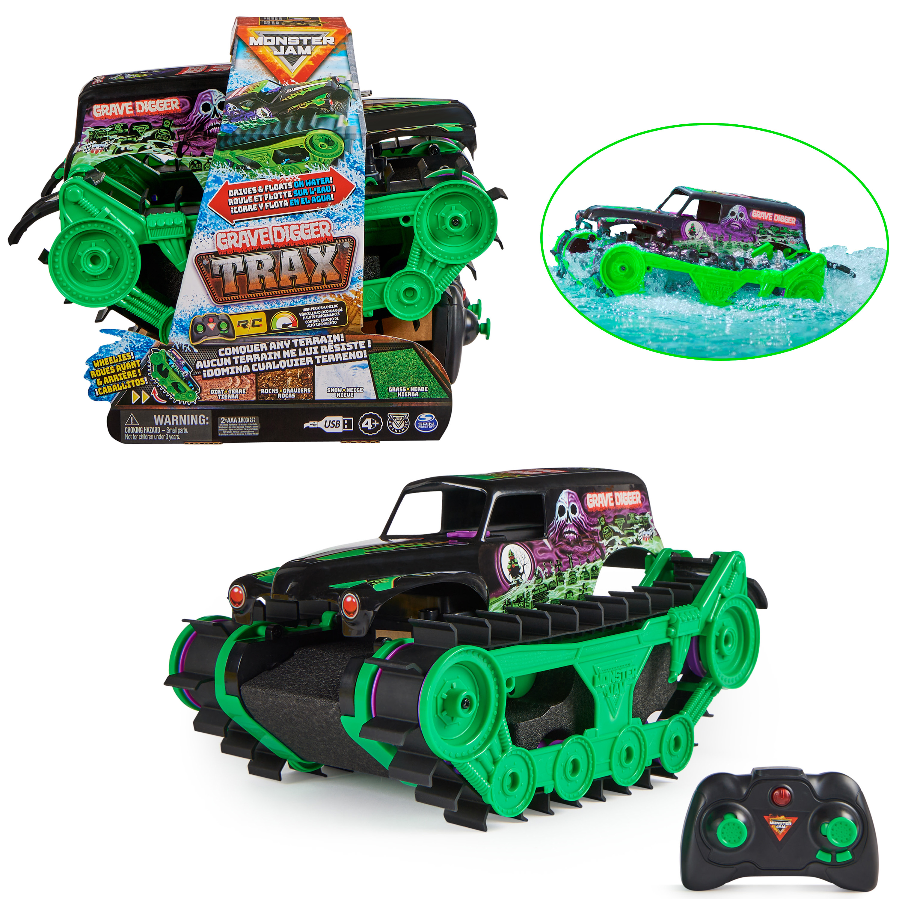 Spin Master Monster Jam RC - offici&#235;le op afstand bestuurbaar Grave Digger Trax-voertuig geschikt voor alle terreinen op een schaal van 1:15 - 2,4 GHz