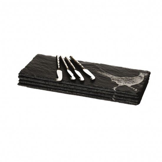 The Just Slate Company 4 Kaasplankjes FAZANT met 4 mesjes (Cadeauset)