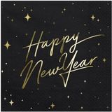 Merkloos Servetten Happy New Year - 40 stuks - zwart/goud - 33 x 33 cm