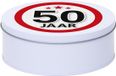Merkloos Leeftijd Snoeptrommel - koektrommel Cadeau - wit - rond blik - met 50 jaar sticker - Cadeauverpakking - verjaardag - Dia blik is 18 cm