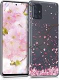 kwmobile Samsung Galaxy A71 hoesje - Kersenbloesembladeren design - Poederroze / Donkerbruin / Transparant