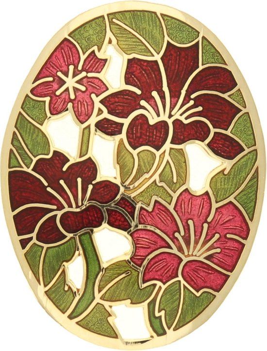 Behave® Broche Ovaal met Bloemen en Groen Roze - Emaille - 4.5 cm - Vrouwen