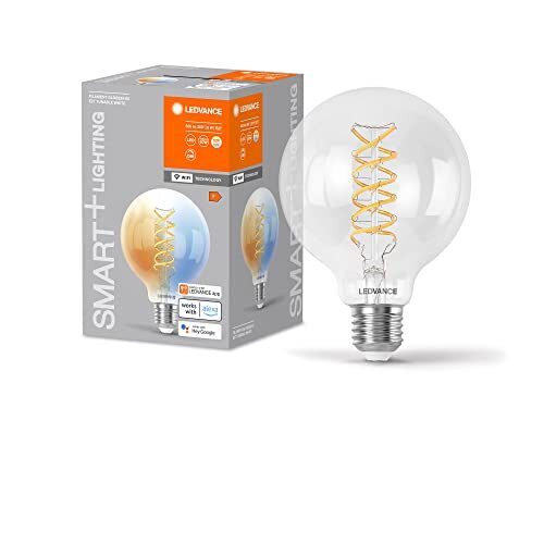 Ledvance SMART+ WIFI LED lamp, wit glas, 8W, 806lm, bolvorm met 95mm diameter & E27 voet, verstelbaar wit licht (2700-6500K), dimbaar, app of spraakbediening, 15.000 uur levensduur, pak van 4