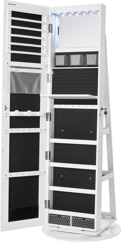 SONGMICS Juwelenkast, spiegelkast, met kaderloze spiegel over de volledige lengte, 3 legplanken, 360° draaibaar, afsluitbaar, wit