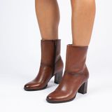 No Stress Dames Cognac Leren Enkellaarsjes met Blokhak - Maat 39